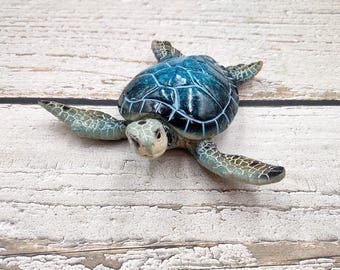 Blue Sea Turtle Figurine Painted Resin (1 turtle approx. 5.75+ inches long) Blue Painted Resin Sea Turtle Figure for coastal home decor!