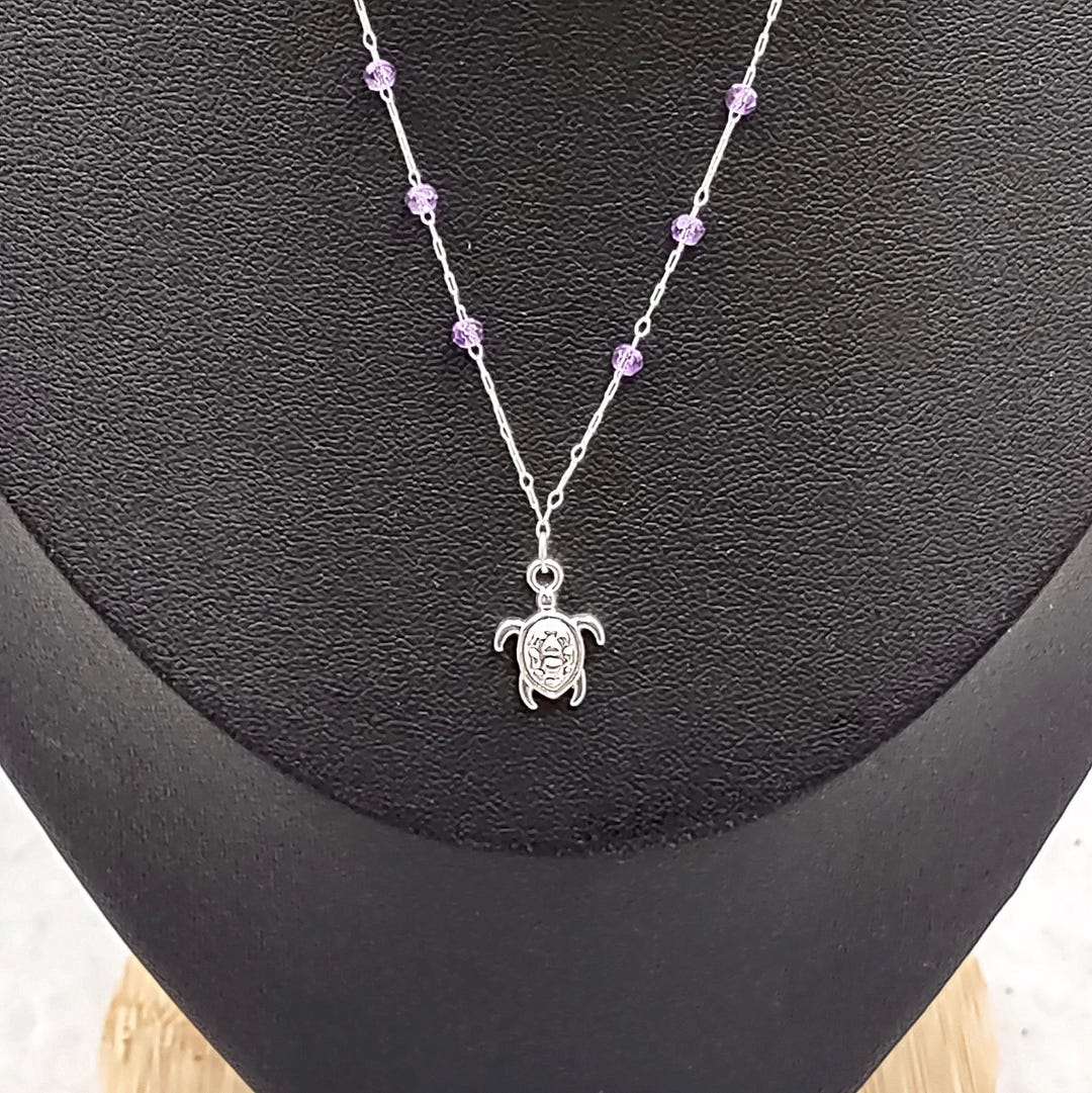 Turtle Chain Sea Turtle Charm Necklace Delicate Purple Beads Silver Color (approx ...