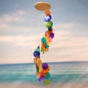 Rainbow Spiral Round Cut Capiz Wind Chime (1 chime approx. 25 x 5 inches) Colorful Capiz Shell Wind Chime adding coastal charm to any home!