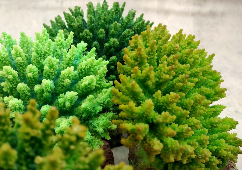 Green FAUX Table Coral - Acropora Hyacinthus - (1 FAUX Coral approx. 5Wx6Dx4T inches). Green thick fluffed coral set on rock. Copyright 2022 SeaShellSupply.com.