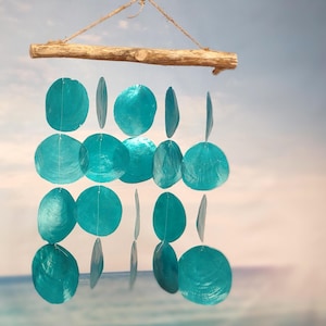 Turquoise Capiz Shell Flat Wind Chime (1 Chime approx. 13 x 16 inches) Turquoise Capiz Shell Flat Wind Chime for beachside home charm!