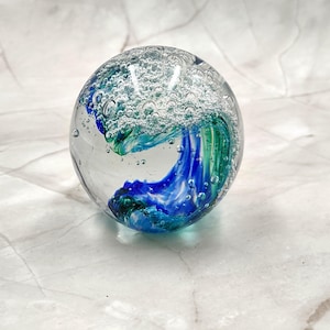 Hand Blown Glass Ocean Wave Ball Paperweight (1 ornament approx. 3.25 inches tall) Ocean Wave Glass Sphere desk ornament great for display!