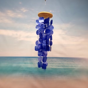 Blue Capiz Round Cut Seashell Wind Chime (1 chime approx. 18 x 5 inches) Round Dark Blue Capiz Shell Wind Chime for coastal home decoration!