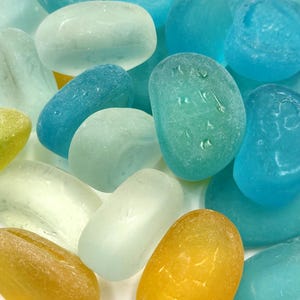 Beach Glass Blue Yellow White Assorted Frosted Tumbled Rounded Pebbles (approx. 1 kilogram 1+ inches) Sea Glass Pebbles for vases & crafts!