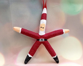 Santa Starfish Xmas Ornament Linckia Starfish (1 seastar approx. 4-5+ inches) Red Painted Starfish Santa Claus For Beachy Coastal Christmas!