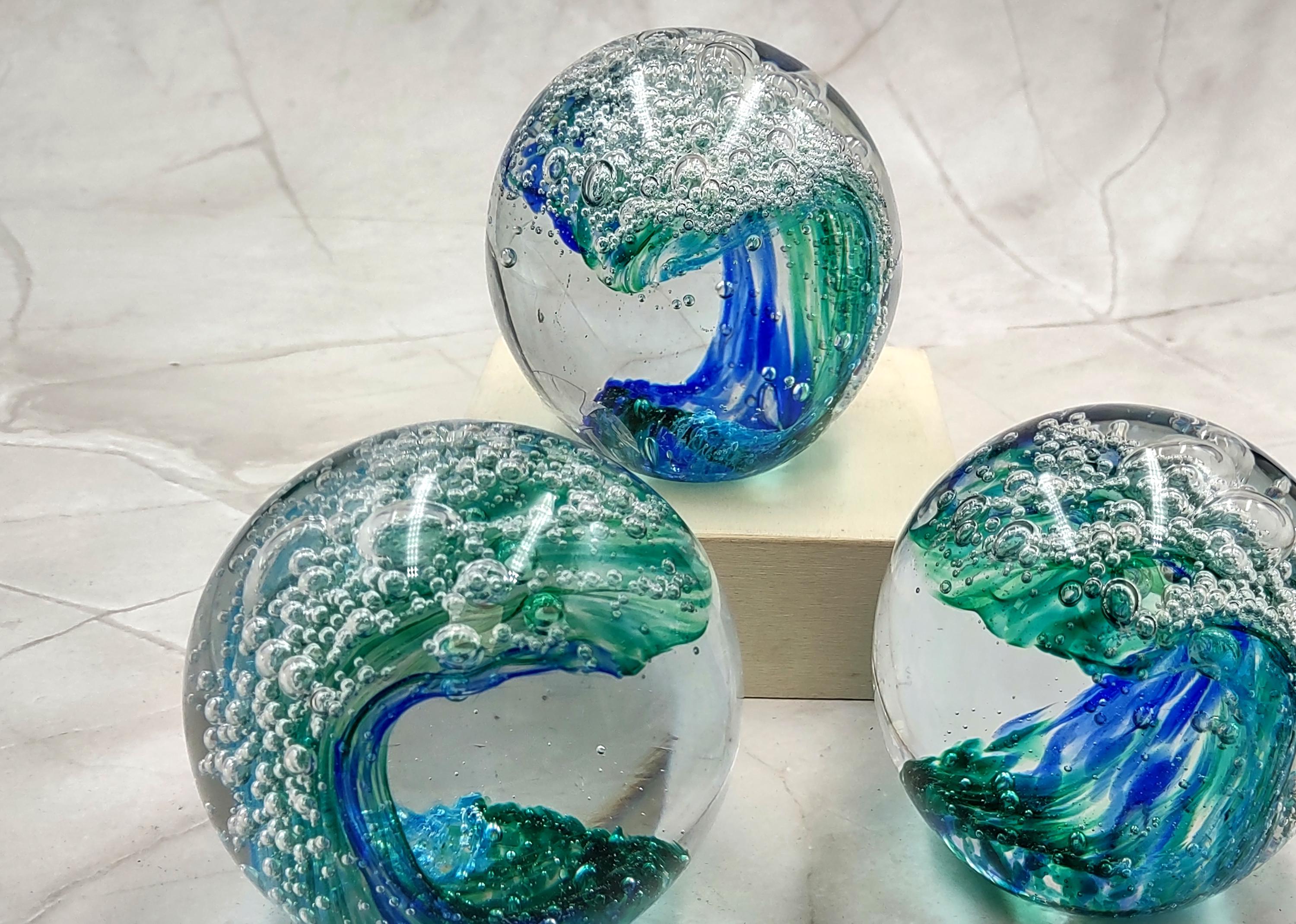 Hand Blown Glass Ocean Wave Ball Paperweight (1 Ornament Approx. 3.25 ...