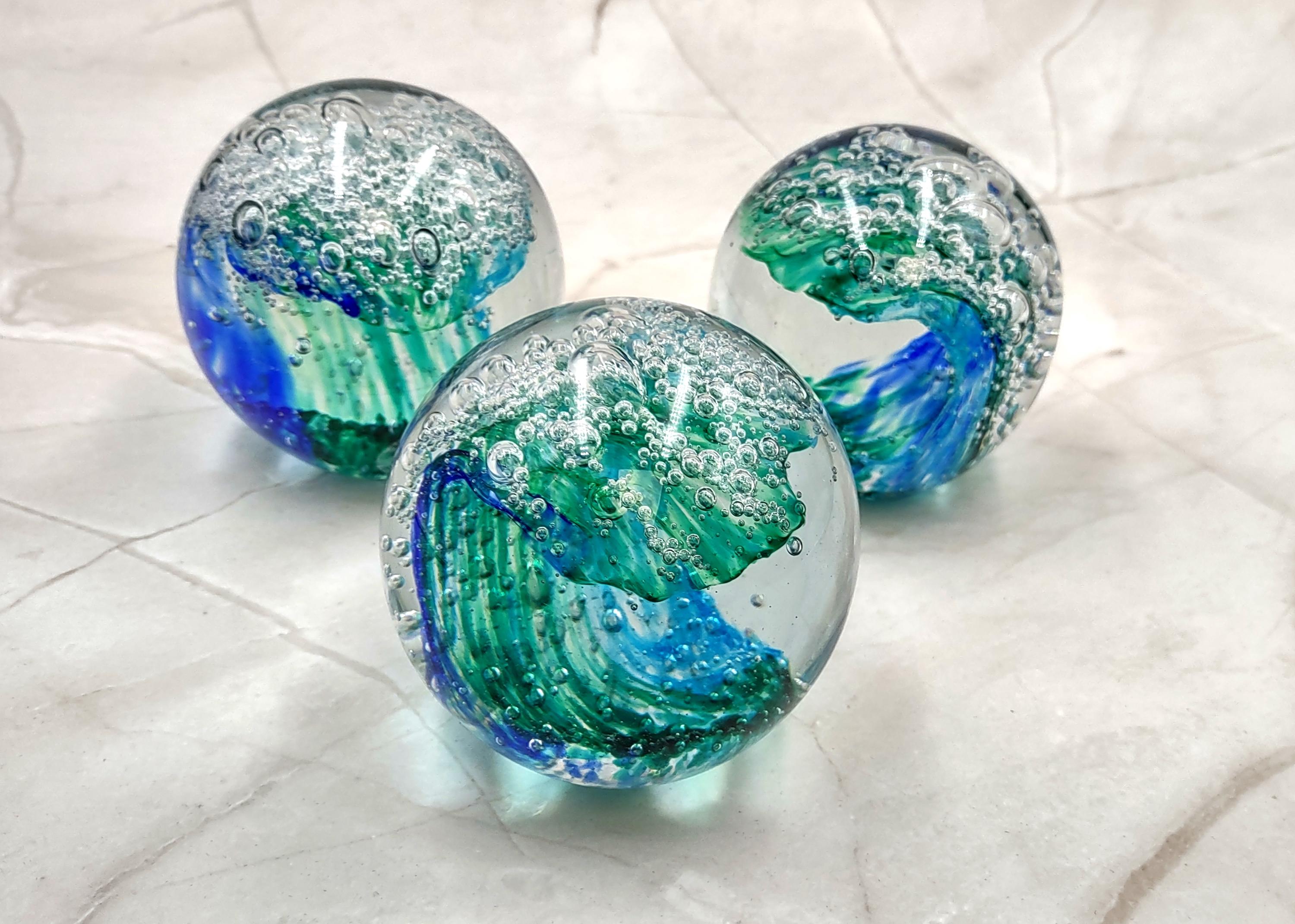 Hand Blown Glass Ocean Wave Ball Paperweight (1 Ornament Approx. 3.25 ...