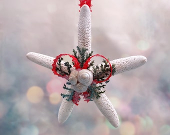 White Starfish Christmas Ornament for Coastal Tree (1 Seastar approx. 4+ inches) Hanging Starfish Xmas Ornament for gifting & holiday decor!