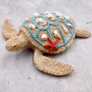 Sandy Sea Turtle Figure With Seashells Net Starfish (1 turtle approx. 5+ inches) Sand Texture Resin Cast Sea Turtle Figure for home decor!