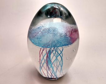 Jellyfish Glass Egg Teal Pink Paperweight Glow In The Dark (One orb approx. 3.5 inches tall) Glass Jellyfish statuette a unique ocean gift!