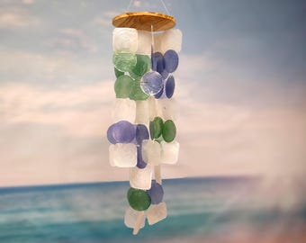 Blue Green White Capiz Shell Wind Chime (1 chime approx. 18 x 5 inches) Blue Green White Capiz Shell Wind Chime for coastal home decoration!