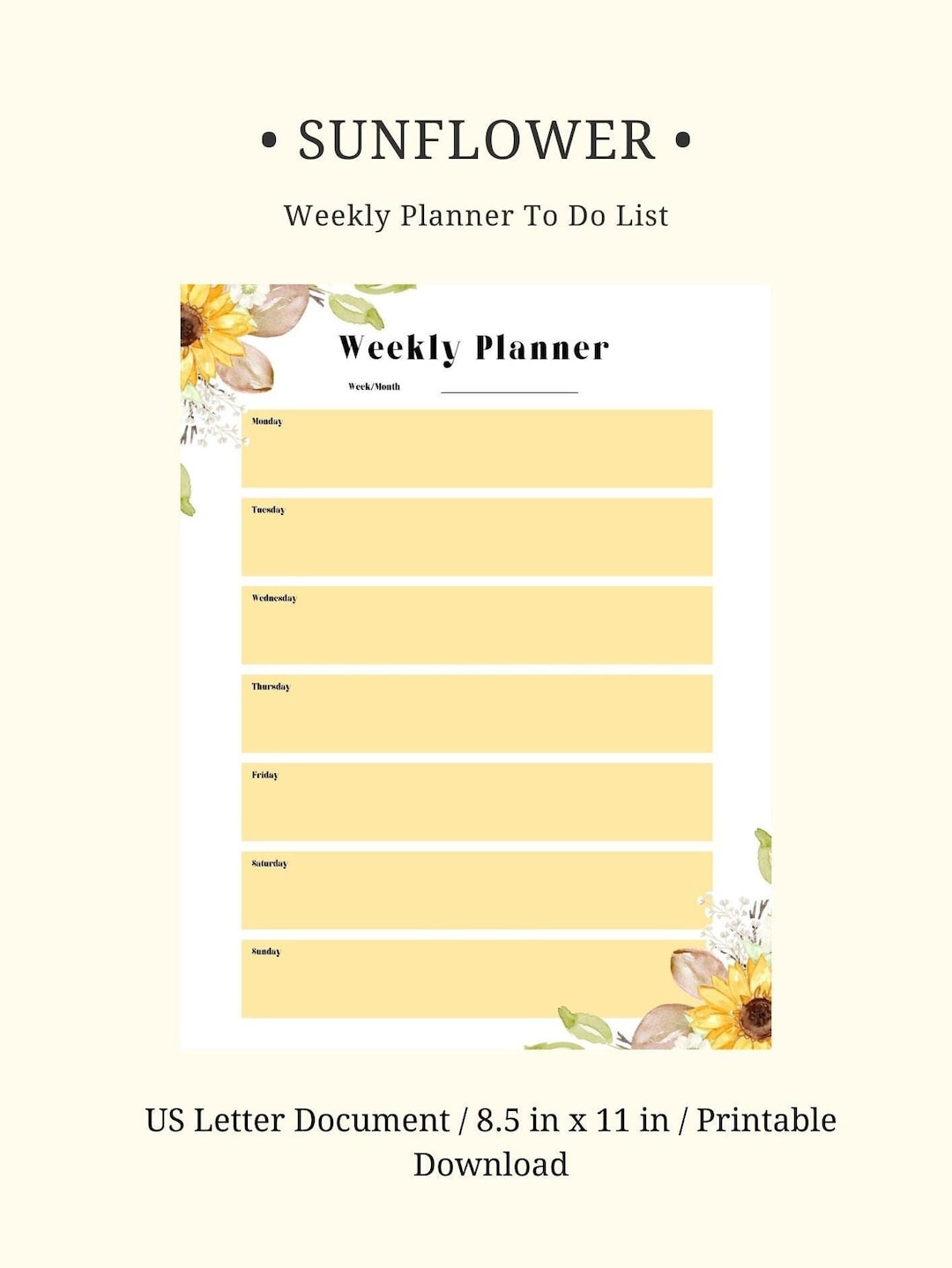Sunflower Weekly Planner Printable Download Etsy