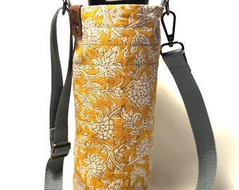 Block Print Linen ~ water bottle holder, water bottle carrier, water bottle sling bag, hiking purse, water bottle bag, purse, sling bag