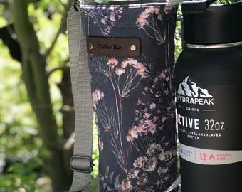 Boho Dried Flower ~ fabric water bottle holder, water bottle sling bag, hiking purse, water bottle bag, purse, sling bag