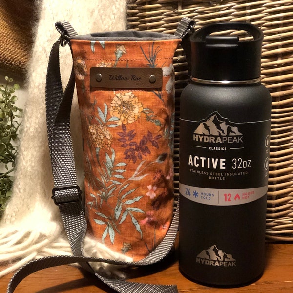Water Bottle Holder ~ Marigold Love fabric water bottle holder, water bottle sling bag, hiking purse, water bottle bag, purse, sling bag