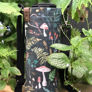 Mushroom Forest ~ fabric water bottle holder, water bottle sling bag, hiking purse, water bottle bag, purse, sling bag