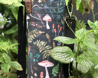 Mushroom Forest ~ fabric water bottle holder, water bottle sling bag, hiking purse, water bottle bag, purse, sling bag