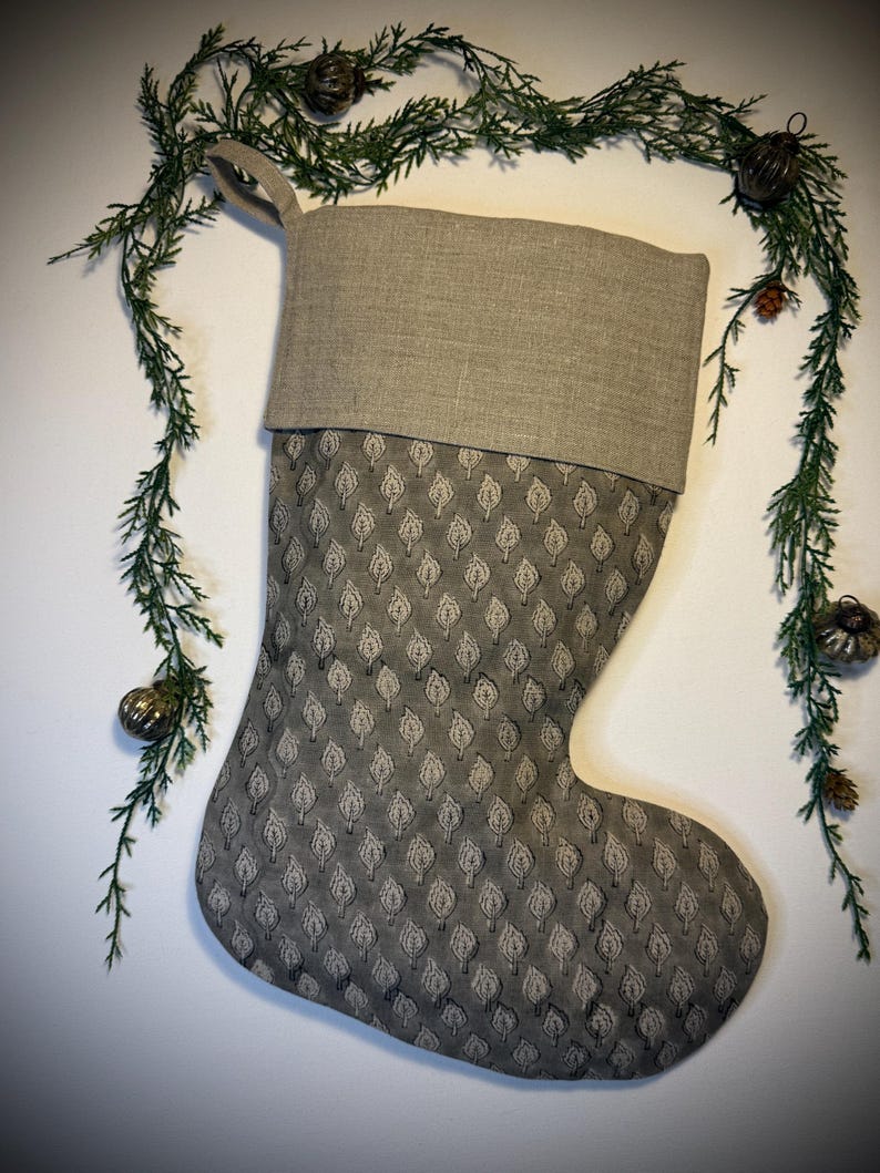 Romeo ~ Neutral Handmade Block Print Christmas Stocking, Rustic Vintage ...