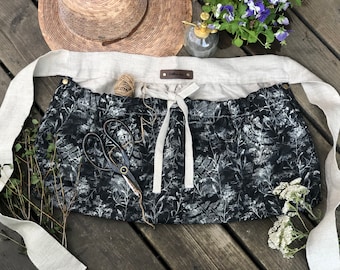 Black Fern Floral  ~ cotton and linen harvest apron, garden apron, gathering apron, linen apron, egg apron