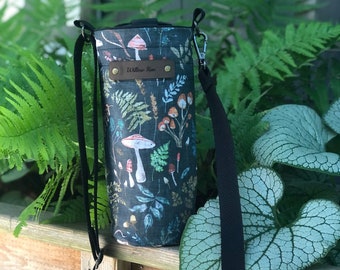 Water Bottle Holder ~ Mushroom Forest fabric water bottle holder, water bottle sling bag, hiking purse, water bottle bag, purse, sling bag