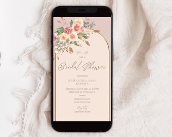 Arch Bridal Shower Digital Invitation, Editable, Boho Floral Arch Invite, Dusty Pink Floral Bridal Shower Invite, Instant Download