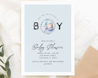 It's a Boy Baby Shower Invitation Template, Blue Floral Baby Shower Invite, Printable Boy Baby Shower Invitation, Editable Boy Baby Shower