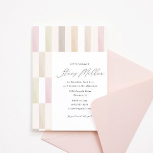 May include: A pink and beige striped invitation card with the text "Let's Shower Stacy Miller on Saturday, June 21st at 2 o'clock in the afternoon 1234 Pergola Drive Chicago, IL RSVP to Lisa (831) 711-4251 lisawilling@mail.com Registered at..."