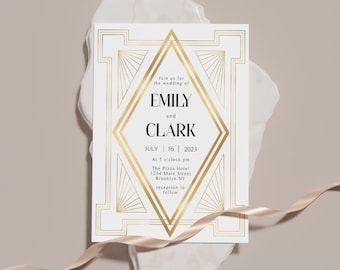 Invitación de boda Art Déco, Oro retro, Minimalista (Descarga instantánea)