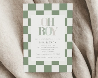 Checkered Baby Shower Invitation Template, Sage green, Editable Oh Boy Baby Shower Invite, Printable Checkered Pattern Invitation