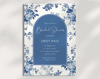 Invitación de despedida de soltera de Chinoiserie azul, despedida de soltera de Toile imprimible, plantilla de invitación de despedida de soltera de jardín de Chinoiserie, descargar
