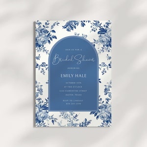 Invitación de despedida de soltera de Chinoiserie azul, despedida de soltera de Toile imprimible, plantilla de invitación de despedida de soltera de jardín de Chinoiserie, descargar