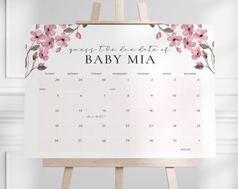 Pink Floral Guess Due Date Calendar, Guess Baby's Birthday, Baby shower Due Date calendar Sign, Due Date Game, Floral Baby Prediction Game