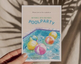 May include: Pool party invitation with a watercolor illustration of a swimming pool with colorful inflatable balls. The text reads "Please join us for a splash at Nathan's 10th Birthday Pool Party" and "Saturday July 12, 2 PM - 5 PM, 12345 Avery Lane, Austin TX 95487."