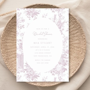 Pink Toile Bridal Shower Invitation, Floral Toile Printable Invite, Elegant Classic Bird, Blue Chinoiserie Bridal Shower Invitation Template