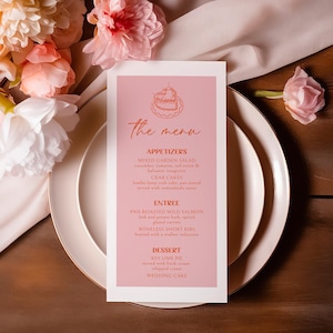 Bearbeitbare Herzkuchen-Party-Menüvorlage, illustriertes Rosa- und Orange-Brautdusche-Menü, druckbares Brunch-Menü, sofortiger Download