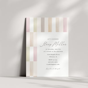 May include: A light pink, beige, and brown striped invitation with the text "LET'S SHOWER Stacy Miller on Saturday, June 21st at 2 o'clock in the afternoon 1234 Pergola Drive Chicago, IL RSVP to Lisa (651)251-4251 LisaHill@gmail.com Registered storget"