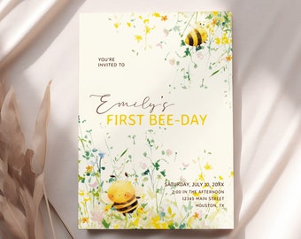 First Bee Day Invitation Template, Editable Bee Birthday Invitation, Honey Bee Birthday Party, Bee 1st Birthday Invite, Spring Summer