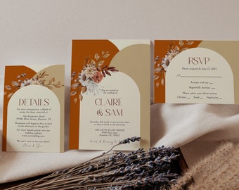 May include: Three cards with a fall floral design. The cards are for a wedding invitation, RSVP, and details. The invitation card says "You are invited to the wedding of Claire & Sam" with the date and time of the wedding. The RSVP card says "RSVP Please respond by June 15, 2023". The details card says "Details For your convenience, a block of rooms has been reserved at The Rochester Hotel 91416 Main Street, Winston-Salem, NC 27101 Reception will begin at five o'clock in the afternoon in the garden. For more details please visit our wedding website: www.claireandsamwedding.com We can't wait to see you there! Claire & Sam"
