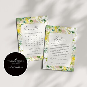 Modèle de carte de proposition de demoiselle d'honneur imprimable, floral serez-vous ma demoiselle d'honneur, carte de proposition de demoiselle d'honneur de calendrier, proposition de demoiselle d'honneur