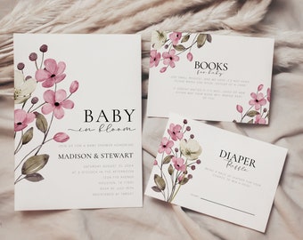 Set di inviti per bambino in fiore, libri per biglietti per bambini, set di inviti per baby shower, fiori di campo, pacchetto per festa prenascita, biglietto della lotteria per pannolini, stampabile