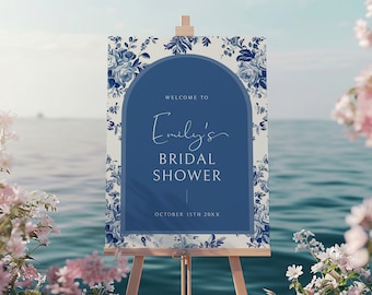 Blue Chinoiserie Bridal Shower Welcome Sign Template, Toile Bridal Shower Printable, Chinoiserie Garden Bridal Shower Sign, Editable