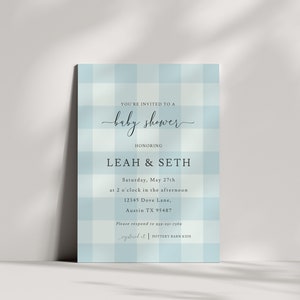 May include: A blue and white gingham baby shower invitation with the text "You're invited to a baby shower honoring Leah & Seth" and details for the event, including the date, time, location, and RSVP information.