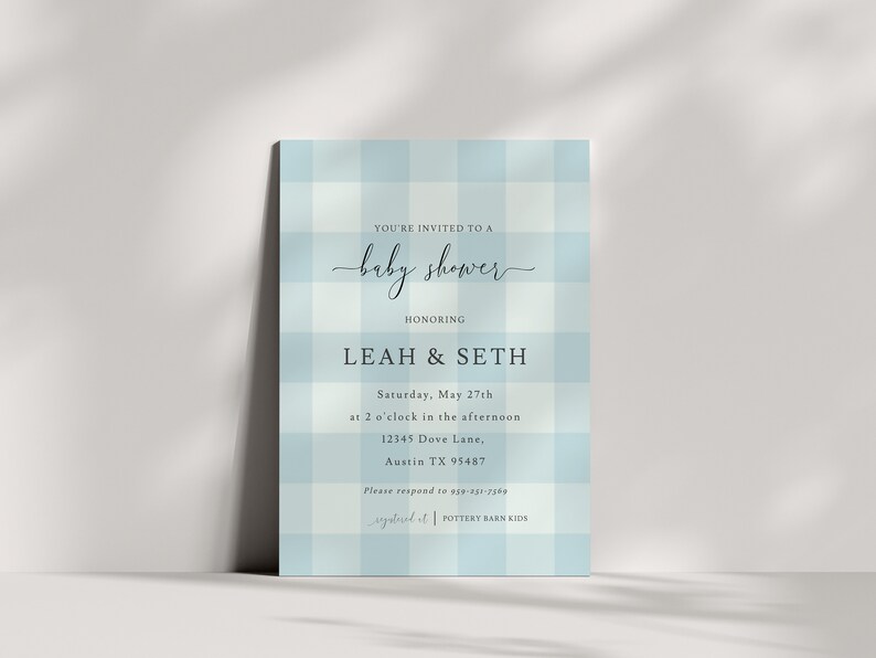 May include: A blue and white gingham baby shower invitation with the text "You're invited to a baby shower honoring Leah & Seth" and details for the event, including the date, time, location, and RSVP information.