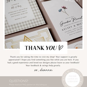 May include: A thank you card with a gold geometric design and the text "Thank You" with a heart. The card has a light brown background and the text is in black. The card also includes the text "xo, deanna" and a section for questions.