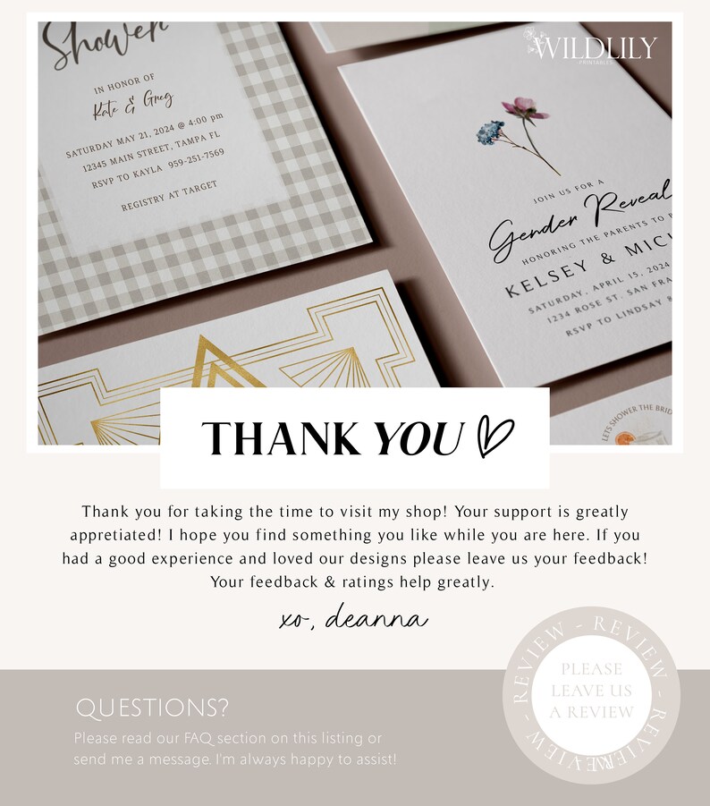 May include: A thank you card with a gold geometric design and the text "Thank You" with a heart. The card has a light brown background and the text is in black. The card also includes the text "xo, deanna" and a section for questions.