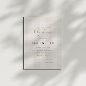 Gingham Baby Shower Invitation, Beige, Baby Shower Invite Template, Gender Neutral, Editable, Printable Invitation, Instant Download image 4