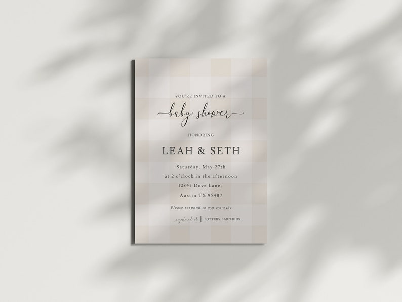 Gingham Baby Shower Invitation, Beige, Baby Shower Invite Template, Gender Neutral, Editable, Printable Invitation, Instant Download image 4