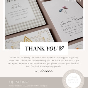 May include: A thank you card with a gold geometric design and the text "Thank You" with a heart. The card has a light brown background and the text is in black. The card also includes the text "xo, deanna" and a section for questions with instructions to read the FAQ section or send a message.
