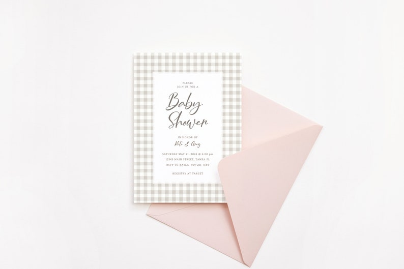 Gingham Baby Shower Invitation, Baby Shower Invite Template, Gender Neutral, Editable, Printable Invitation, Instant Download image 4