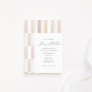 May include: A pink, beige, and green striped invitation card with the text "Let's Shower Stacy Miller" on Saturday, June 21st at 2 o'clock in the afternoon. The address is 1234 Pergola Drive, Chicago, IL. RSVP to Lisa at 1651-251-4251 or Lisamilegmail.com. Registered guests only.